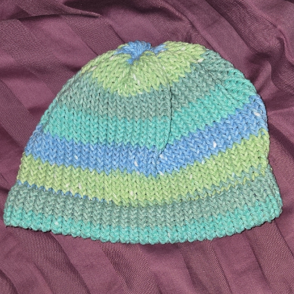 Child's Handmade Green and Blue Striped Knitted Beanie